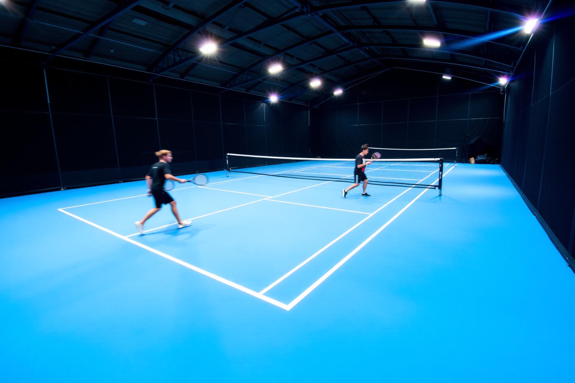 Indoor padel court at night