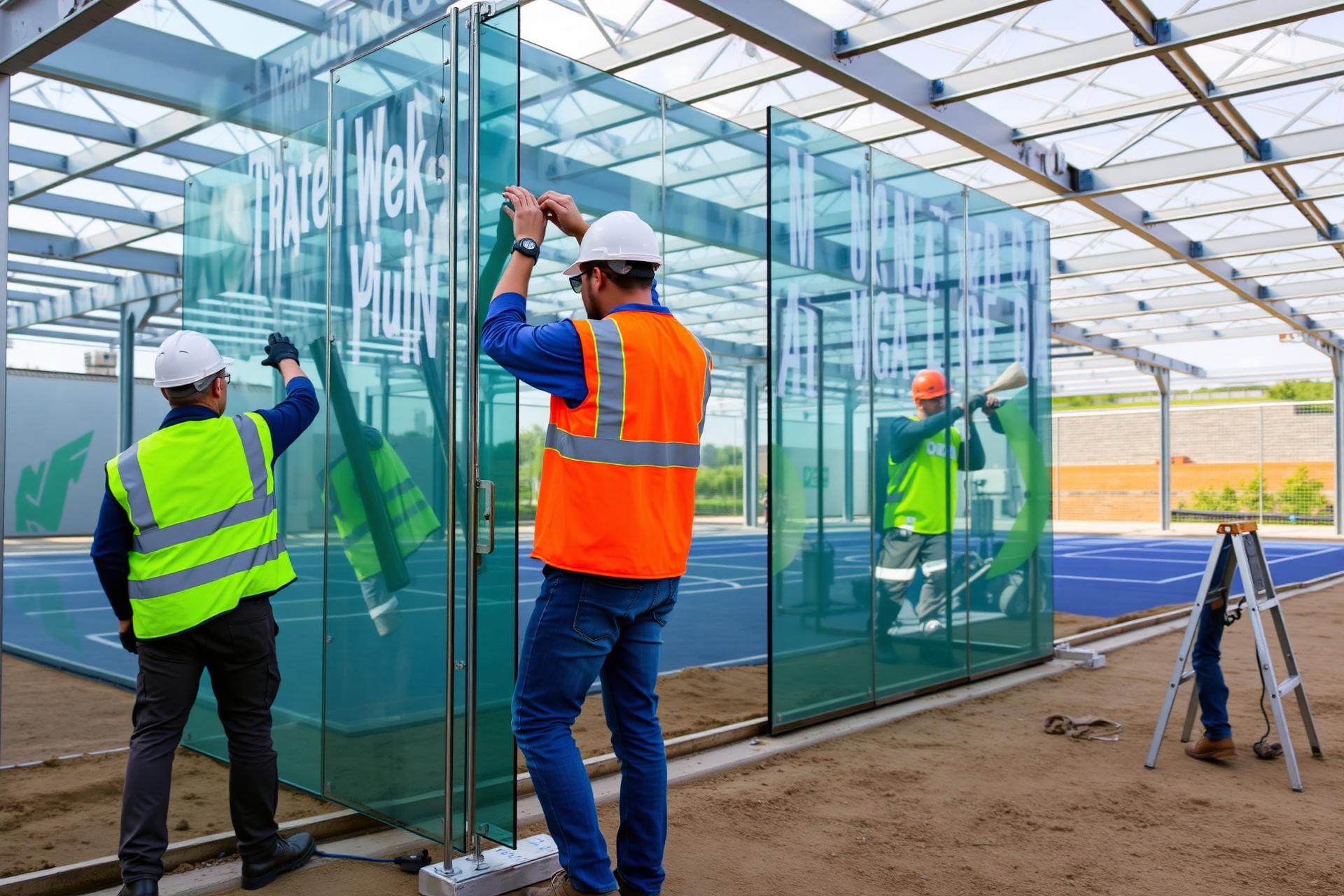 Workers installing glass walls on a padel court